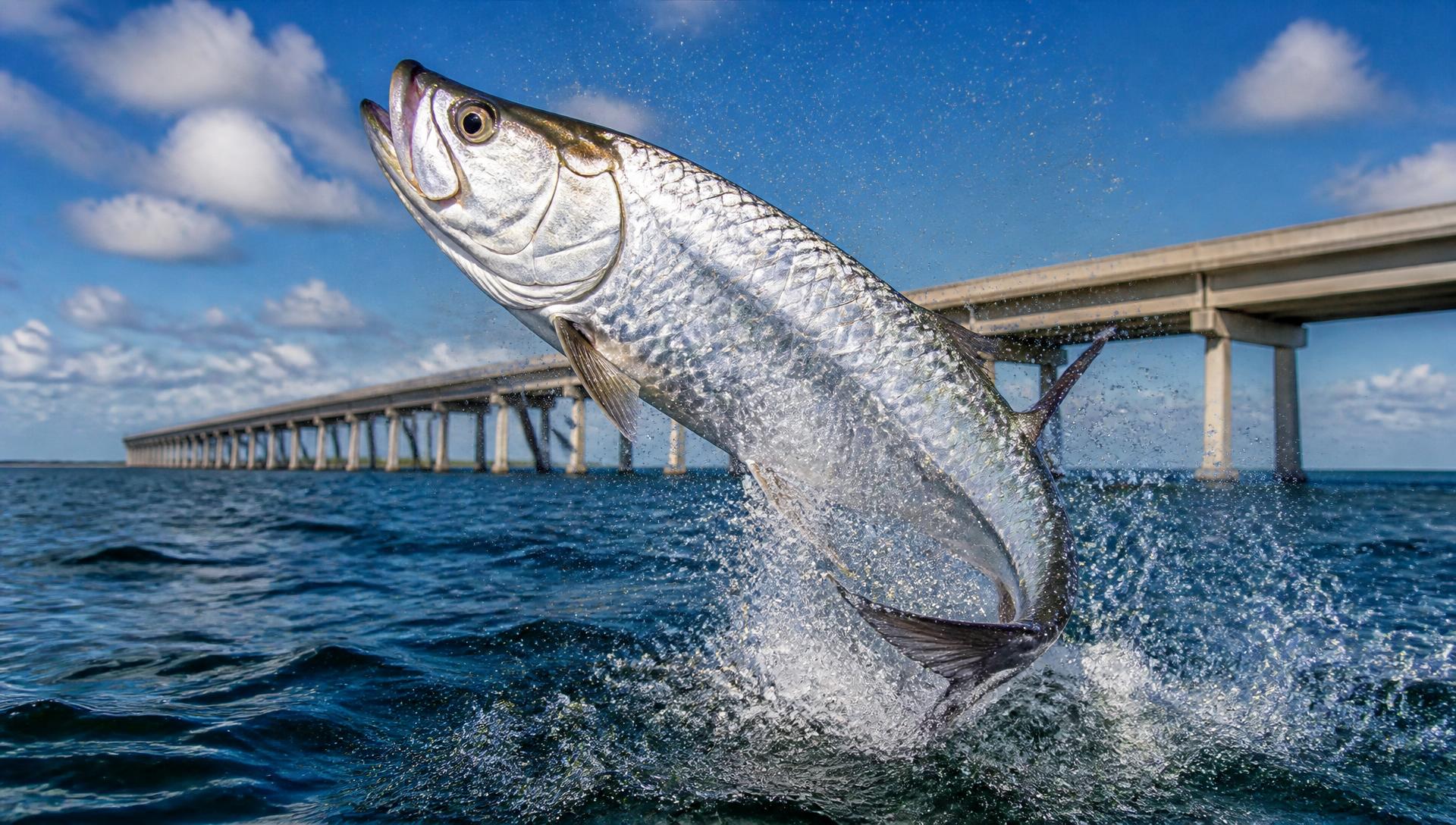 Tarpon leaping from the water near a bridge in Naples, Florida
